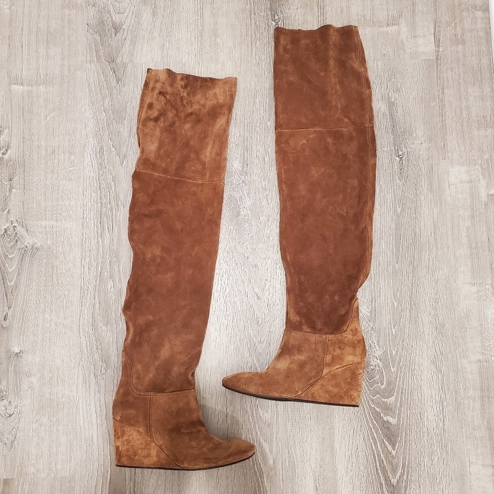 NEW AGL Brown Suede Over The Knee Wedge Boots